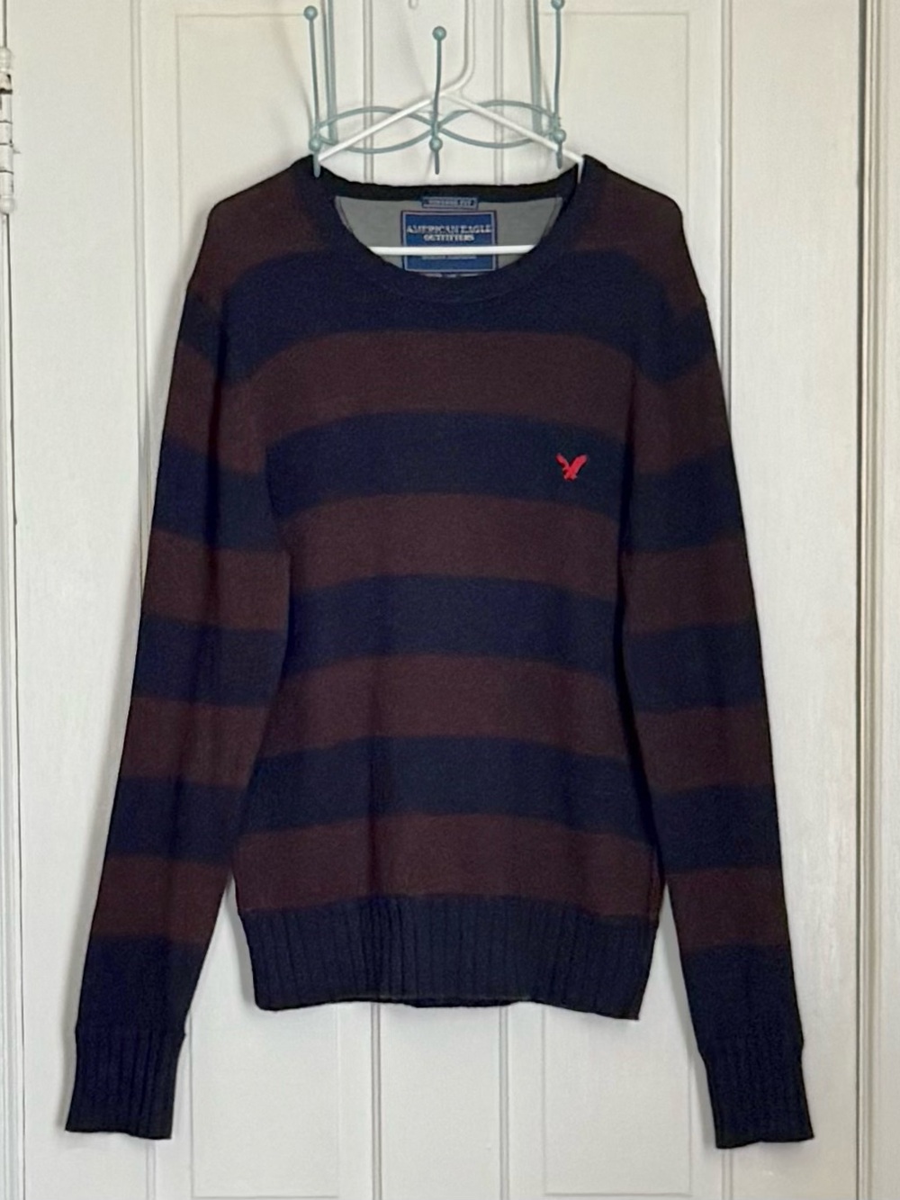 American Eagle Outfitters Navy & Brown Striped Crewneck Sweater LG